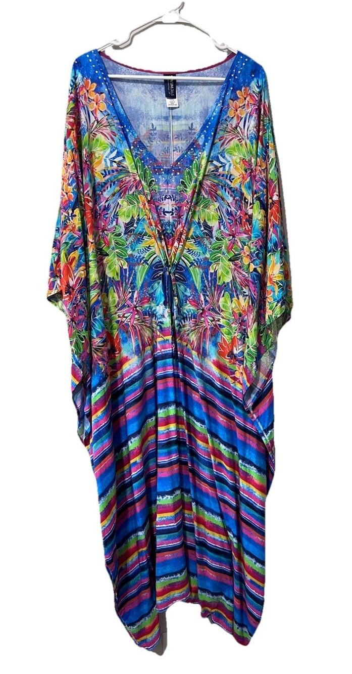 SWIM 365 Boho Ruched Caftan Cover Up Maxi Dress Plus Size 30/32 Summer Travel